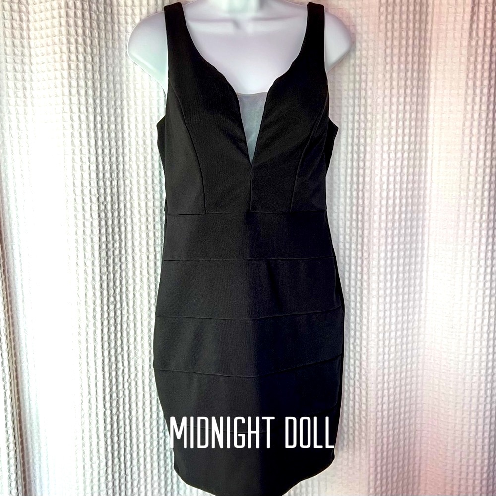 Midnight Doll black fitted mini dress sleeveless mesh v neck zip back Sz 13